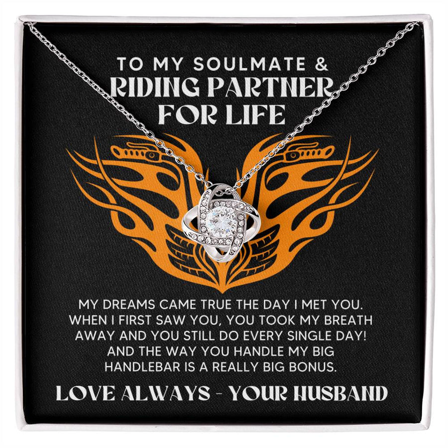 To My Soulmate Riding Partner Life Dreams Handle Big Handlebar 14K Gold Love Knot Necklace Jewelry Perfect Gift for Wife Anniversary