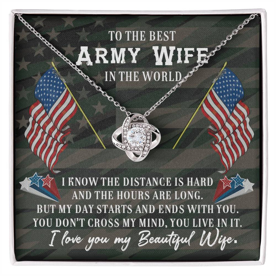 To Best Army Wife Distance Hard Day Starts Ends With You 14K Gold Love Knot Necklace Jewelry Beautiful Gift for Wife Anniversary