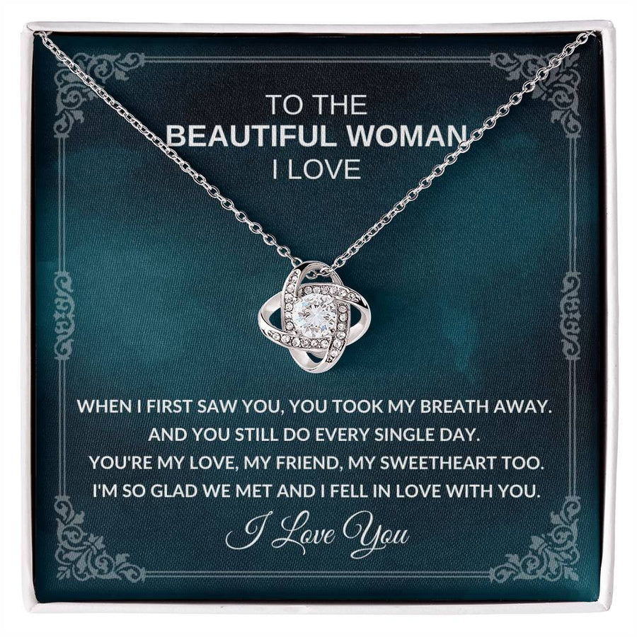 To The Beautiful Woman I Love Took My Breath Away 14K Gold Love Knot Necklace Jewelry Romantic Gift for Wife Anniversary