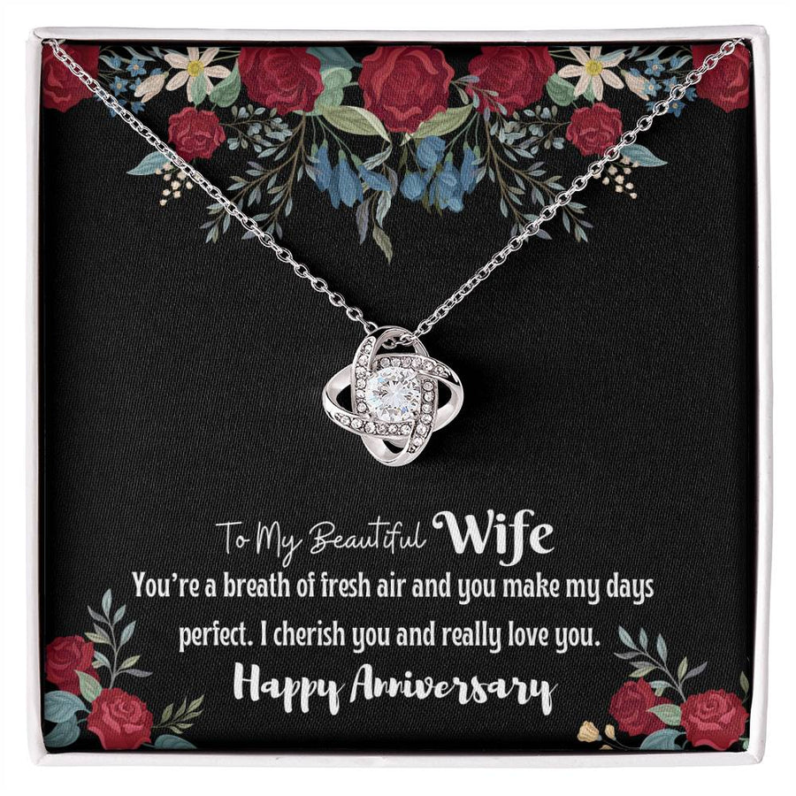To My Beautiful Wife Breath Fresh Air Make Days Perfect 14K Gold Love Knot Necklace Jewelry Romantic Gift for Wife Anniversary