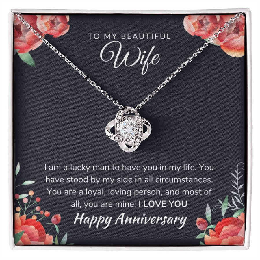To My Beautiful Wife Lucky Man Loyal Loving Person 14K Gold Love Knot Necklace Jewelry Beautiful Gift for Wife Anniversary