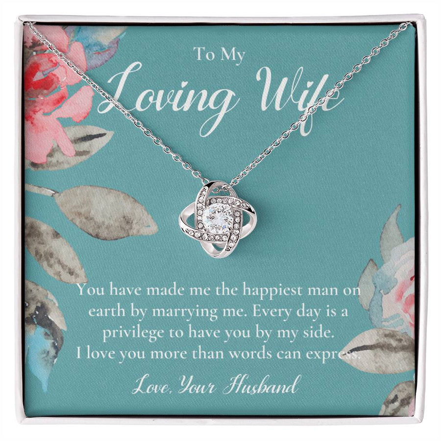 To My Loving Wife Happiest Man on Earth 14K Gold Love Knot Necklace Jewelry Romantic Gift for Wife Anniversary