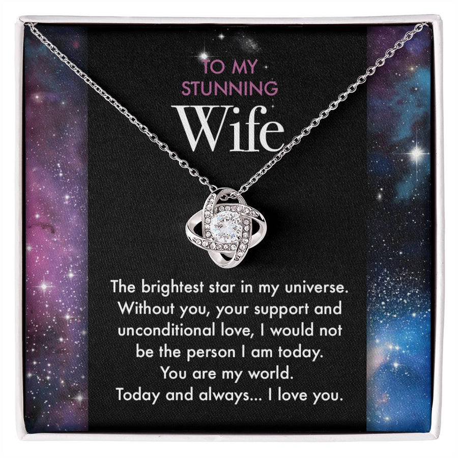 To My Stunning Wife Brightest Star Universe You Are My World 14K Gold Love Knot Necklace Jewelry Beautiful Gift for Wife Anniversar