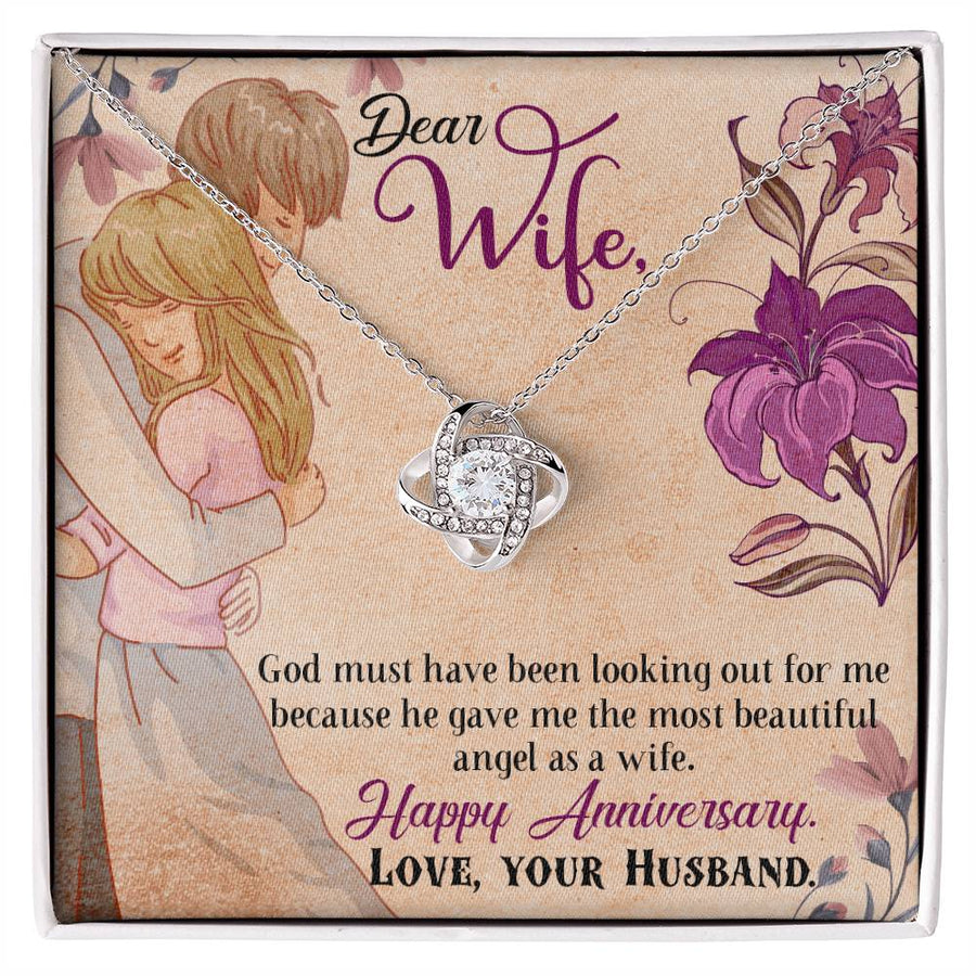 Dear Wife God Gave Me Most Beautiful Angel 14K Gold Love Knot Necklace Jewelry Beautiful Gift for Wife Anniversary