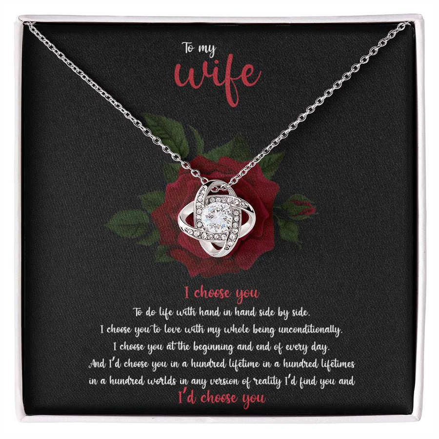 To My Wife I Choose You Hand in Hand Hundred Lifetimes 14K Gold Love Knot Necklace Jewelry Romantic Gift for Wife Anniversary