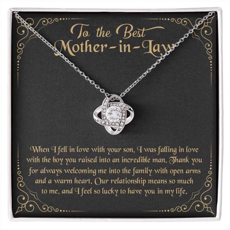 To Best Mother-in-Law Fell Love Raised Incredible Man Welcome Family 14K Gold Love Knot Necklace Jewelry Beautiful Gift for Mom Birthday