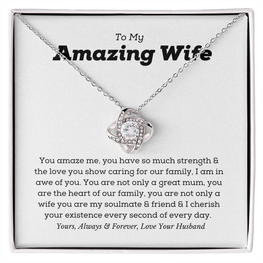To My Amazing Wife Amaze Me Strength Love Caring Family Heart 14K Gold Love Knot Necklace Jewelry Perfect Gift for Wife Anniversary