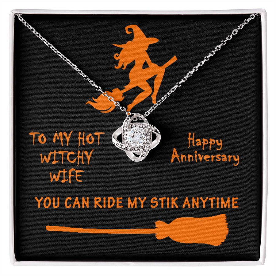 To My Hot Witchy Wife Ride My Stik Halloween 14K Gold Love Knot Necklace Jewelry Romantic Gift for Wife Anniversary