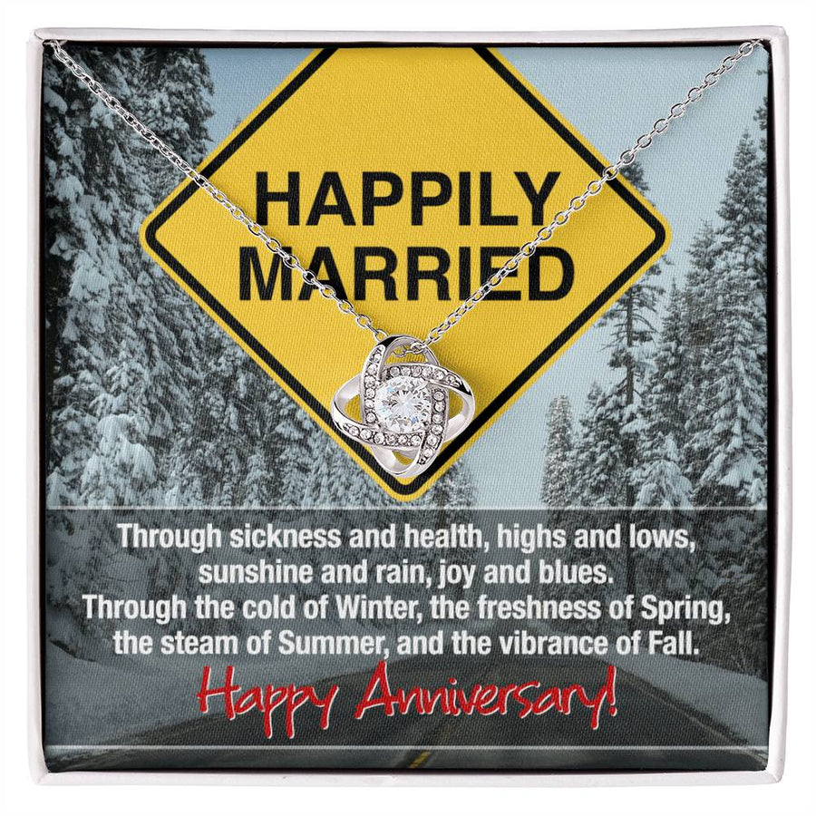 To My Wife Happily Married Winter Spring Summer Fall 14K Gold Love Knot Necklace Jewelry Romantic Gift for Wife Anniversary