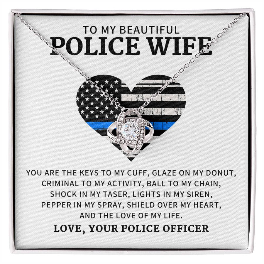 To My Beautiful Police Wife Keys to Cuff Glaze Donut Shield Over Heart Love of Life 14K Gold Love Knot Necklace Jewelry Perfect Gift for Wife Anniversary