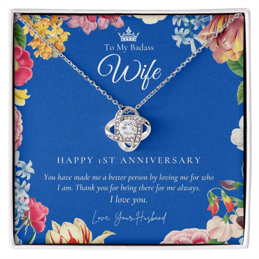 To My Badass Wife Made Me Better Person Being There Always 14K Gold Love Knot Necklace Jewelry Perfect Gift for Wife Anniversary