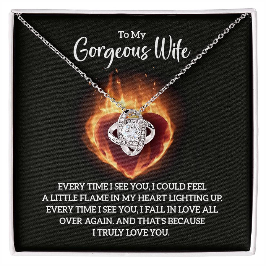 To My Gorgeous Wife Every Time See You Little Flame Heart Fall in Love All Over Again 14K Gold Love Knot Necklace Jewelry Beautiful Gift for Wife Anniversary