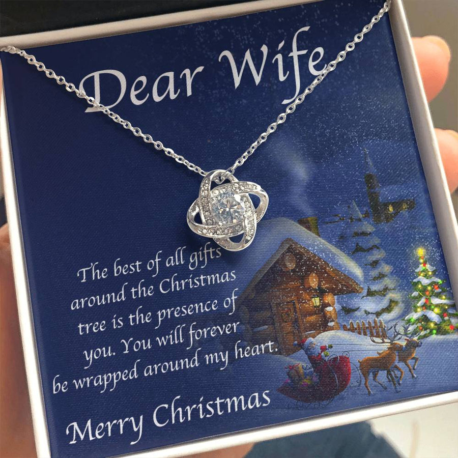 Dear Wife Merry Christmas Best All Gifts Presence You Wrapped Around My Heart 14K Gold Love Knot Necklace Jewelry Beautiful Gift for Wife Christmas