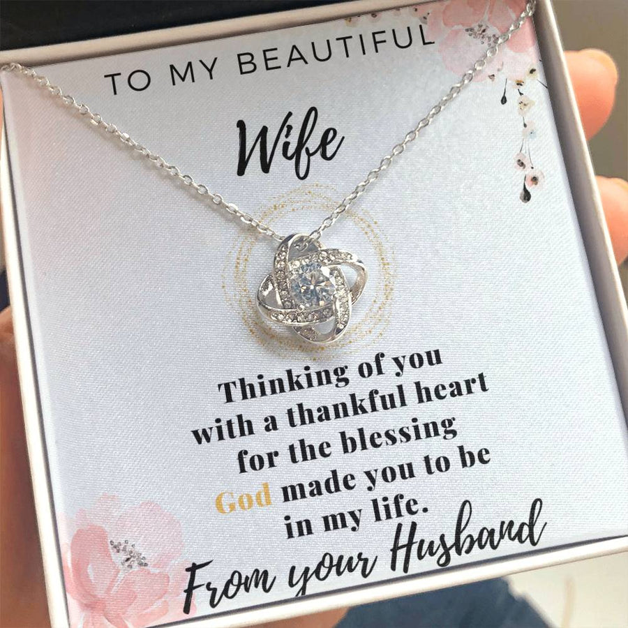 To My Beautiful Wife Thinking Thankful Heart Blessing God Made You Be My Life 14K Gold Love Knot Necklace Jewelry Beautiful Gift for Wife Anniversary