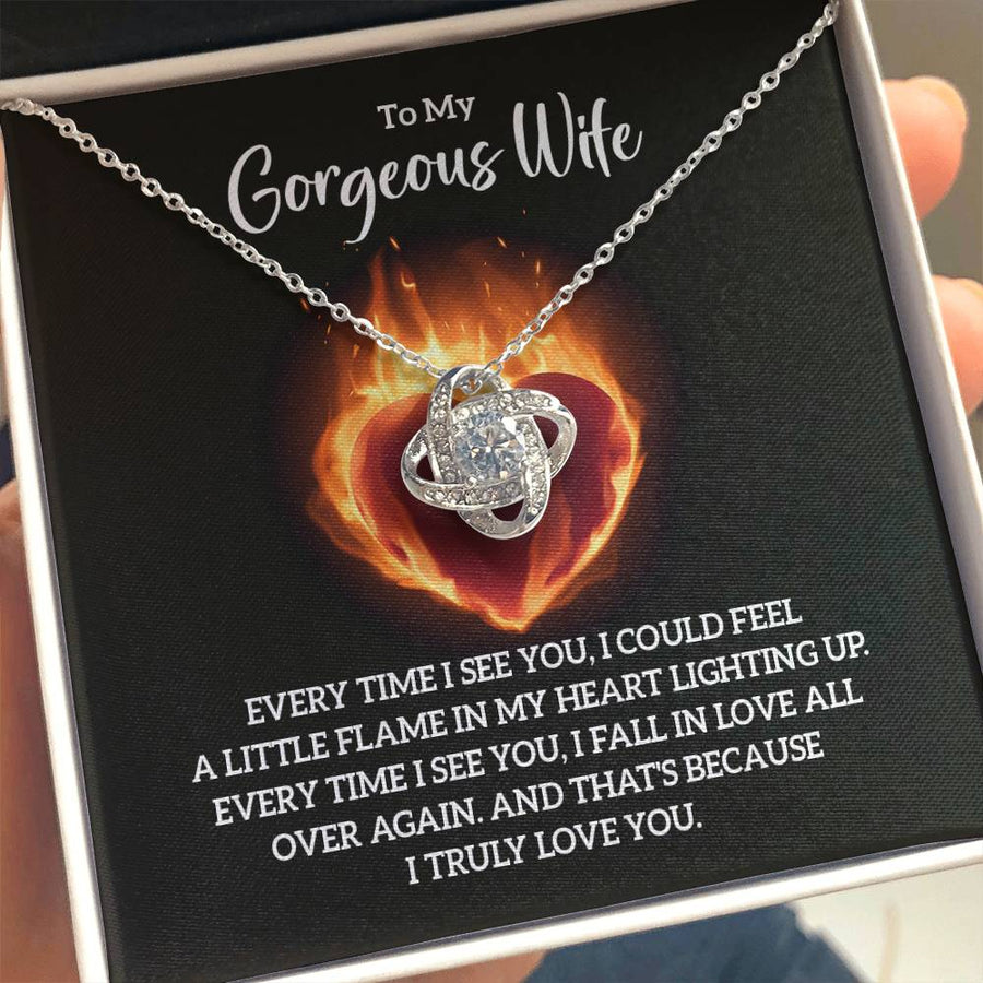 To My Gorgeous Wife Every Time See You Little Flame Heart Fall in Love All Over Again 14K Gold Love Knot Necklace Jewelry Beautiful Gift for Wife Anniversary