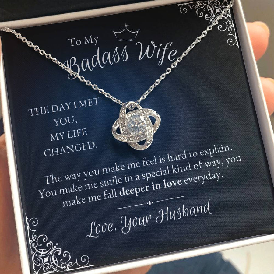 To My Badass Wife Day I Met You Life Changed 14K Gold Love Knot Necklace Jewelry Perfect Gift for Wife Anniversary
