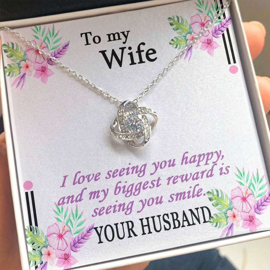 To My Wife Love Seeing You Happy Biggest Reward Smile 14K Gold Love Knot Necklace Jewelry Beautiful Gift for Wife Anniversary