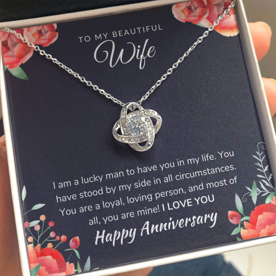 To My Beautiful Wife Lucky Man Loyal Loving Person 14K Gold Love Knot Necklace Jewelry Beautiful Gift for Wife Anniversary