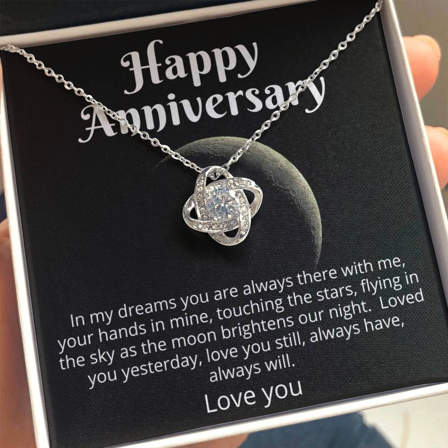To My Wife Happy Anniversary Dreams Always There Moon Brightens 14K Gold Love Knot Necklace Jewelry Perfect Gift for Wife Anniversary