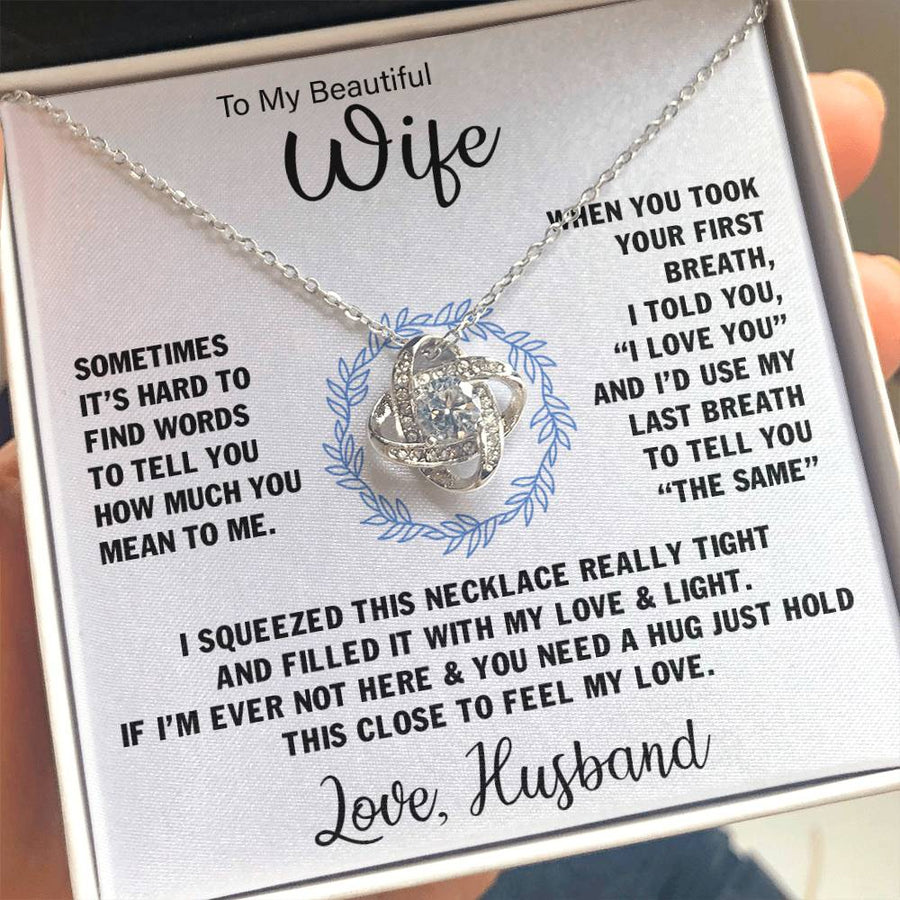 To My Beautiful Wife First Breath I Love You Last Breath Same 14K Gold Love Knot Necklace Jewelry Romantic Gift for Wife Anniversary