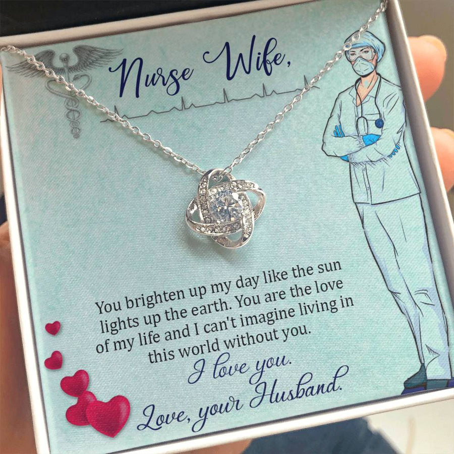 Nurse Wife Brighten My Day Love of Life Can't Imagine Without You 14K Gold Love Knot Necklace Jewelry Beautiful Gift for Wife Anniversary