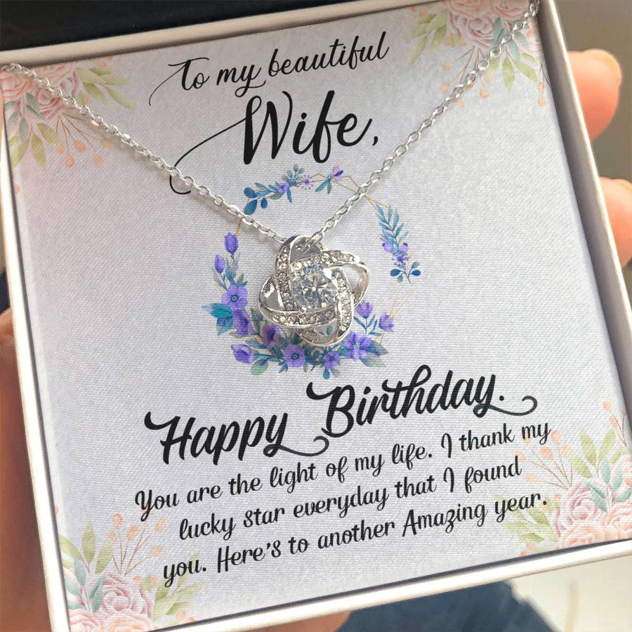 To My Beautiful Wife Happy Birthday Light of Life 14K Gold Love Knot Necklace Jewelry Beautiful Gift for Wife Birthday