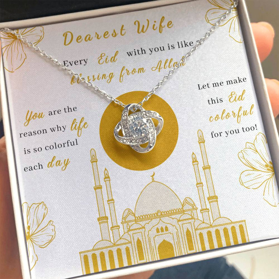 Dearest Wife Every Eid Blessing from Allah Reason Life Colorful Each Day 14K Gold Love Knot Necklace Jewelry Beautiful Gift for Wife Eid