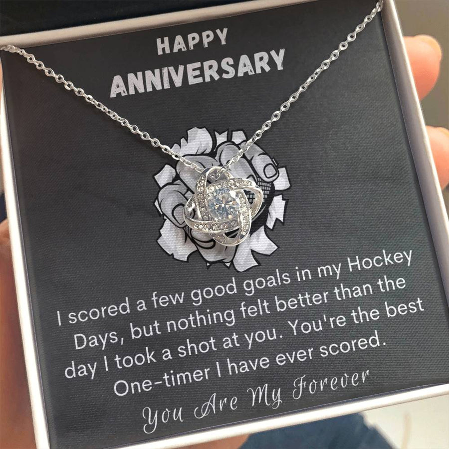 Happy Anniversary Hockey Days Took Shot Best One-timer Ever Scored You Are My Forever 14K Gold Love Knot Necklace Jewelry Perfect Gift for Wife Anniversary