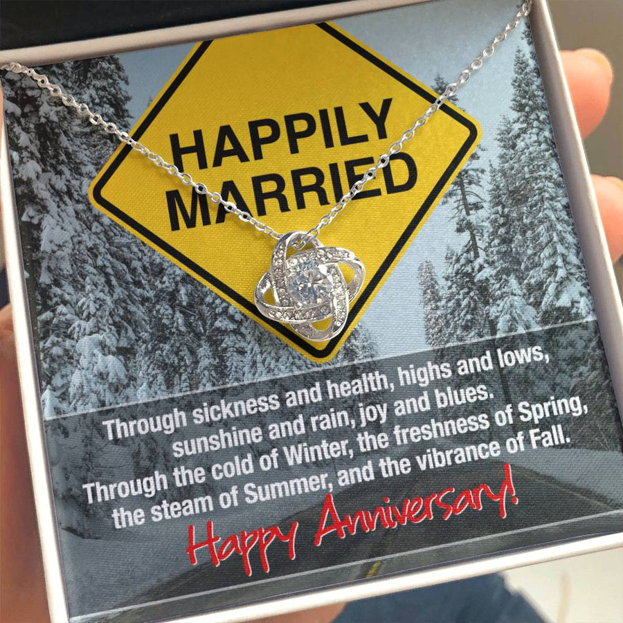 To My Wife Happily Married Winter Spring Summer Fall 14K Gold Love Knot Necklace Jewelry Romantic Gift for Wife Anniversary
