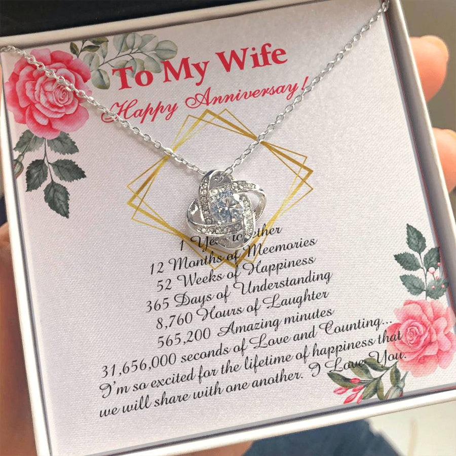 To My Wife 1 Year 12 Months 365 Days Anniversary 14K Gold Love Knot Necklace Jewelry Beautiful Gift for Wife Anniversary