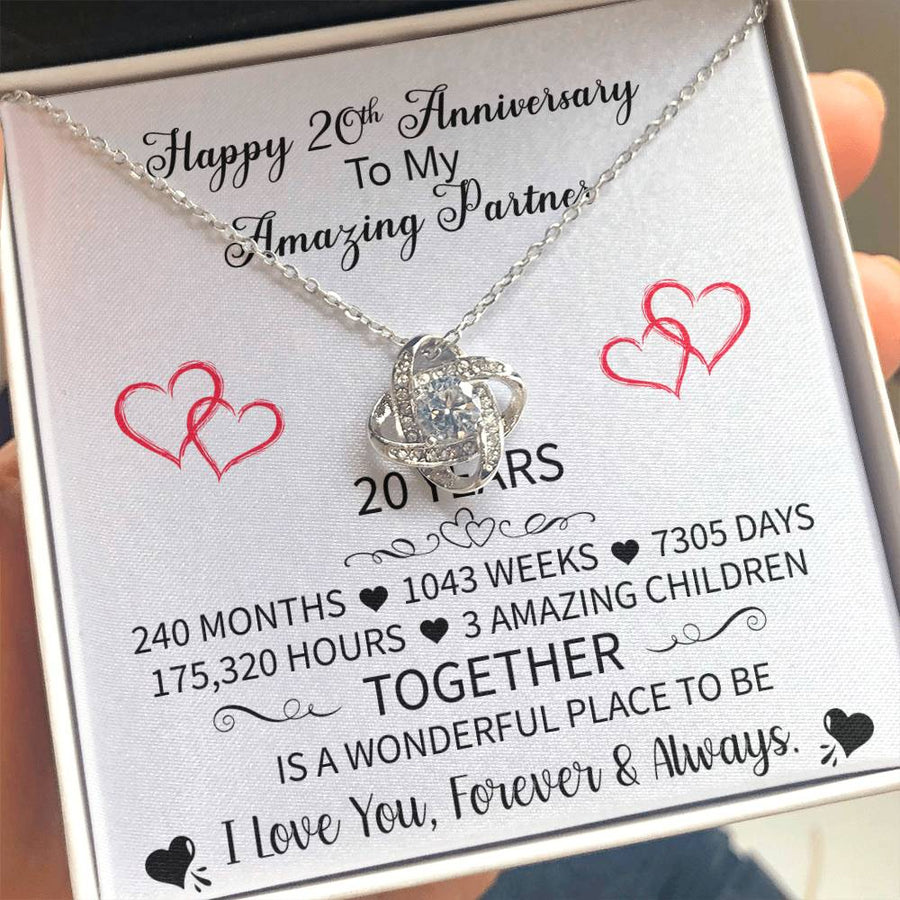 Happy 20th Anniversary My Amazing Partner Together Wonderful Place 14K Gold Love Knot Necklace Jewelry Beautiful Gift for Wife Anniversary
