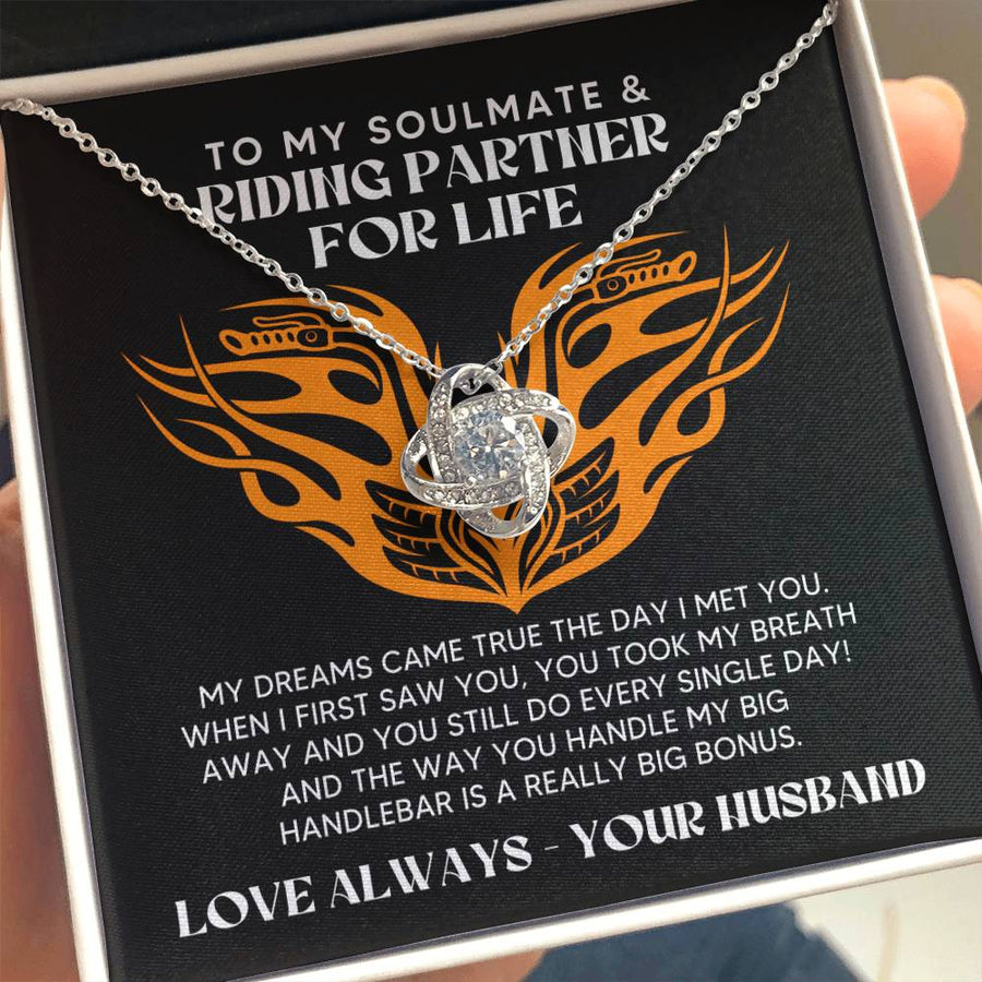 To My Soulmate Riding Partner Life Dreams Handle Big Handlebar 14K Gold Love Knot Necklace Jewelry Perfect Gift for Wife Anniversary