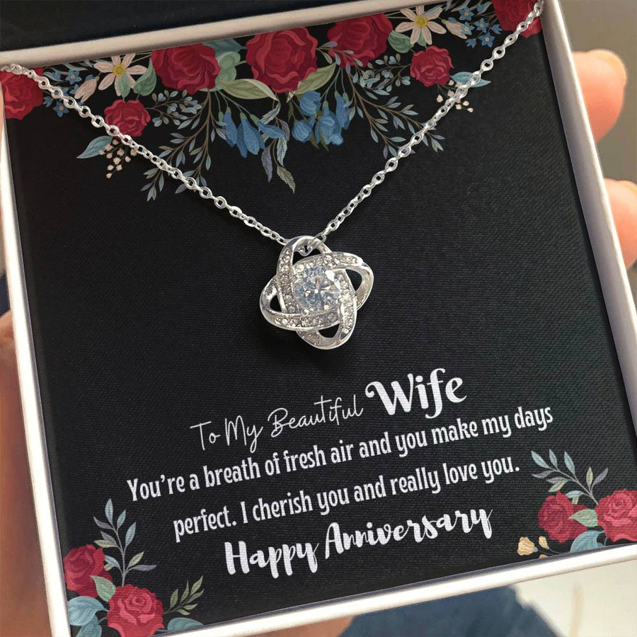 To My Beautiful Wife Breath Fresh Air Make Days Perfect 14K Gold Love Knot Necklace Jewelry Romantic Gift for Wife Anniversary