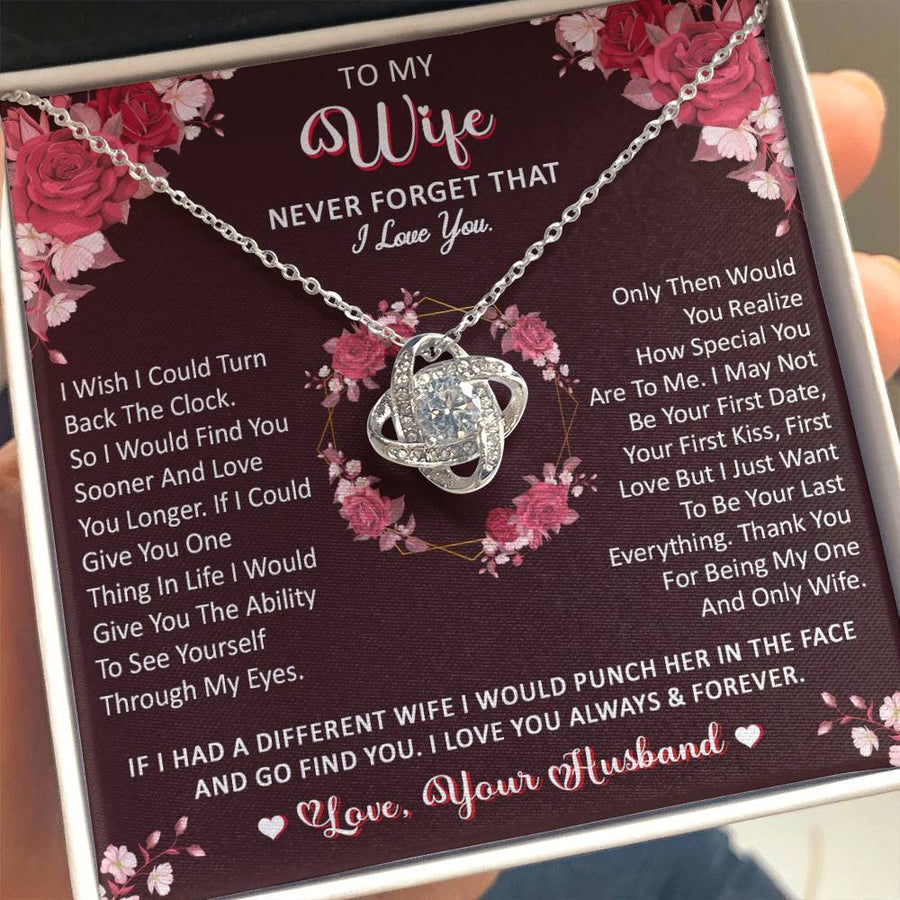 To My Wife Never Forget Turn Back Clock Find You Sooner 14K Gold Love Knot Necklace Jewelry Romantic Gift for Wife Anniversary