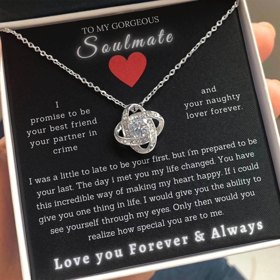 To My Gorgeous Soulmate Best Friend Partner Crime Naughty Lover 14K Gold Love Knot Necklace Jewelry Romantic Gift for Wife Anniversary