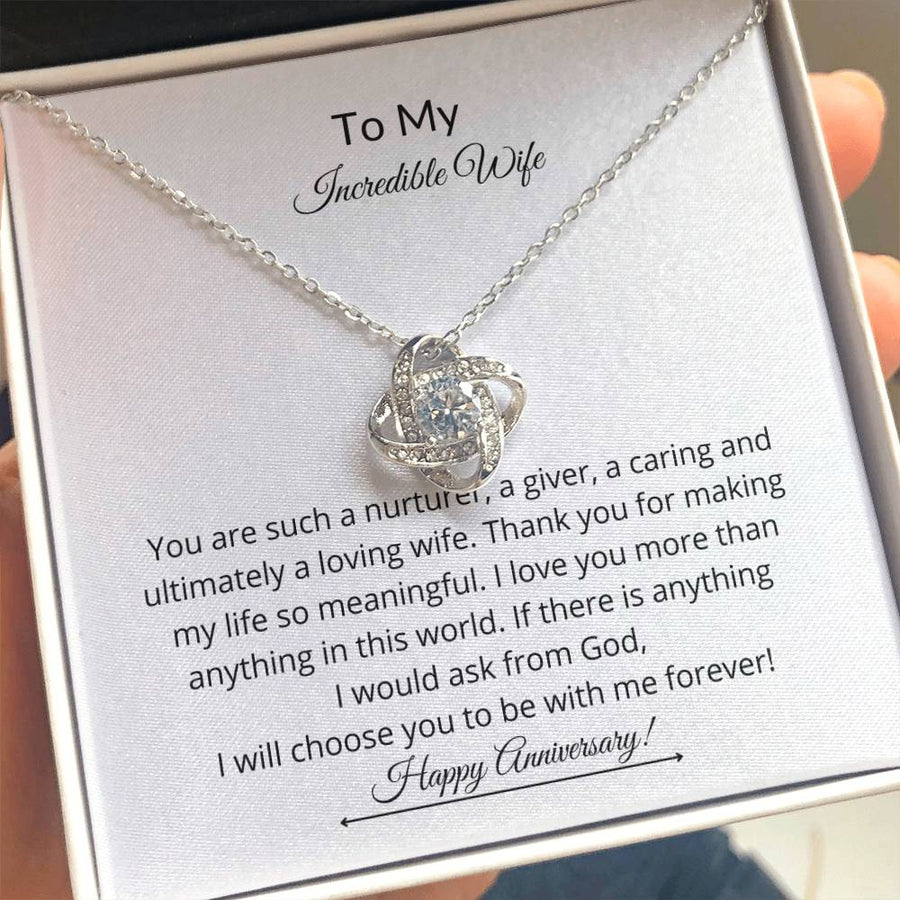 To My Incredible Wife Nurturer Giver Caring Loving 14K Gold Love Knot Necklace Jewelry Beautiful Gift for Wife Anniversary