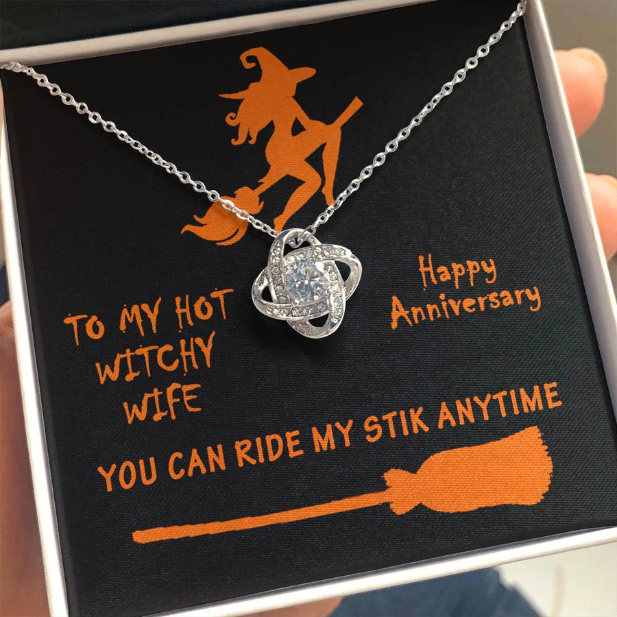 To My Hot Witchy Wife Ride My Stik Halloween 14K Gold Love Knot Necklace Jewelry Romantic Gift for Wife Anniversary