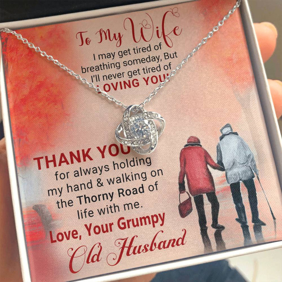 To My Wife Never Get Tired Loving You Thank You Holding Hand Thorny Road 14K Gold Love Knot Necklace Jewelry Beautiful Gift for Wife Anniversary