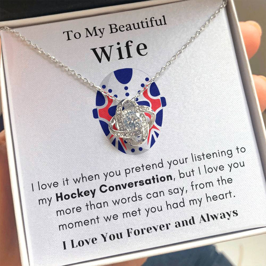 To My Beautiful Wife Hockey Conversation Love You More Than Words Had My Heart Forever Always 14K Gold Love Knot Necklace Jewelry Perfect Gift for Wife Anniversary