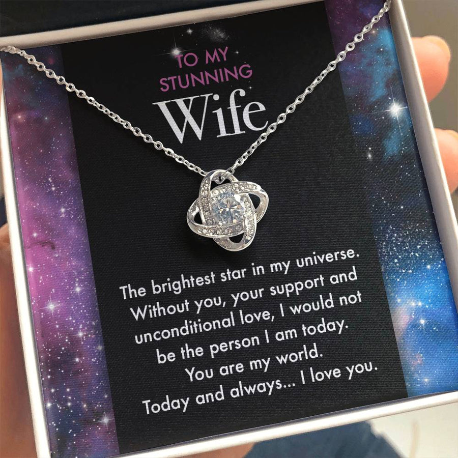 To My Stunning Wife Brightest Star Universe You Are My World 14K Gold Love Knot Necklace Jewelry Beautiful Gift for Wife Anniversar