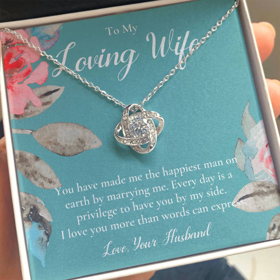 To My Loving Wife Happiest Man on Earth 14K Gold Love Knot Necklace Jewelry Romantic Gift for Wife Anniversary