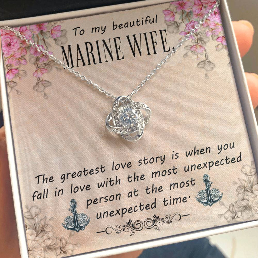 To My Beautiful Marine Wife Greatest Love Story Unexpected 14K Gold Love Knot Necklace Jewelry Beautiful Gift for Wife Anniversary