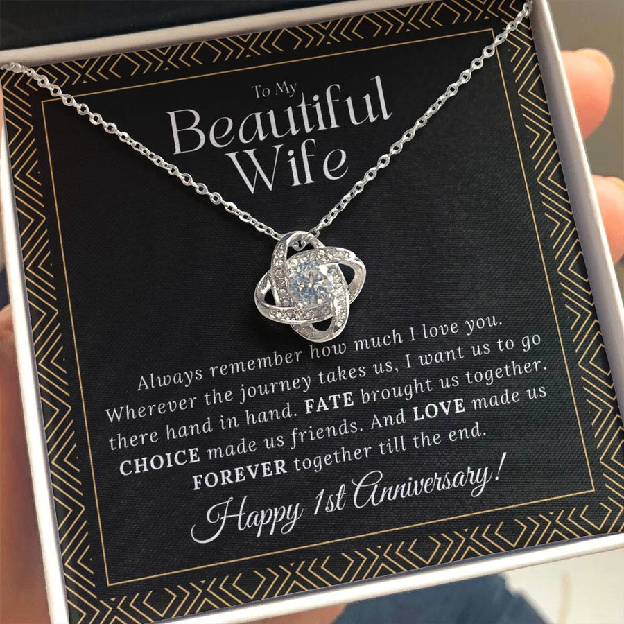 To My Beautiful Wife Happy 1st Anniversary Always Remember How Much Love Journey Forever 14K Gold Love Knot Necklace Romantic Gift for Wife Anniversary