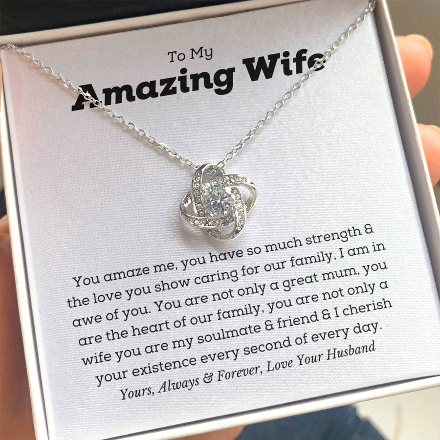 To My Amazing Wife Amaze Me Strength Love Caring Family Heart 14K Gold Love Knot Necklace Jewelry Perfect Gift for Wife Anniversary
