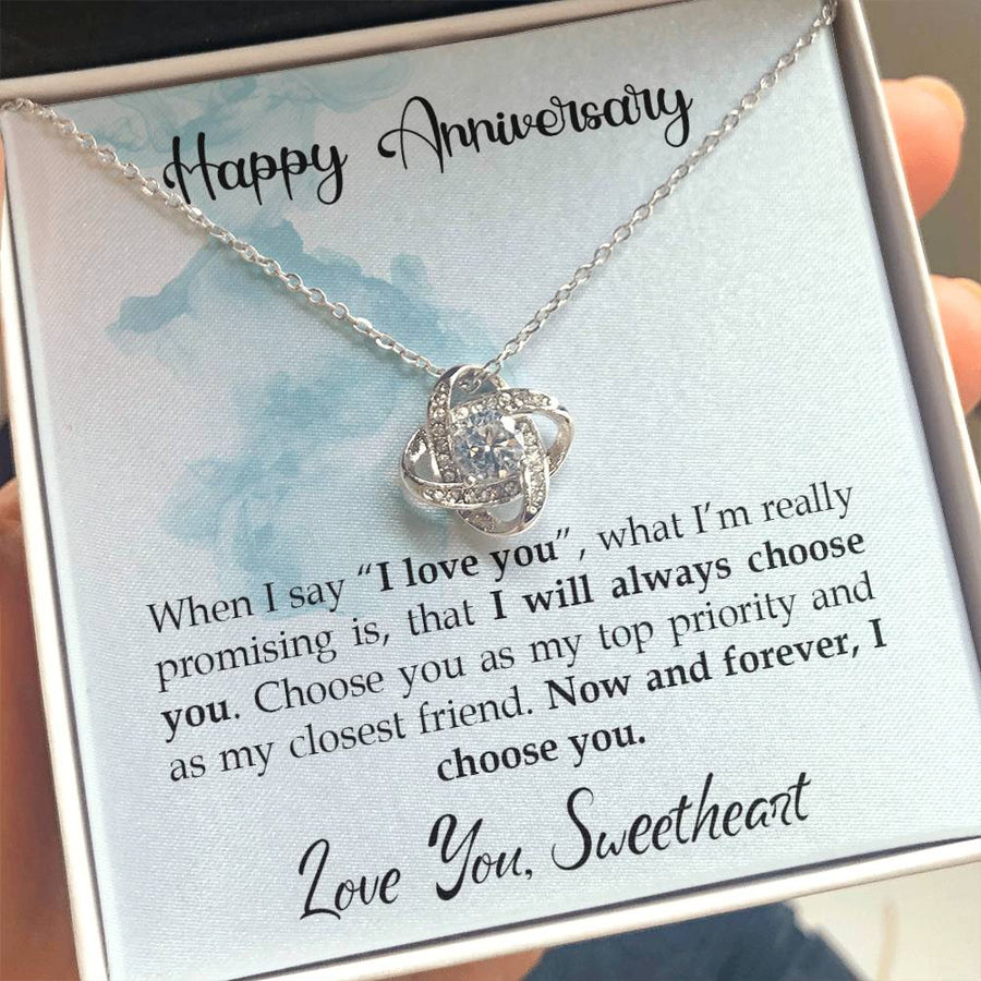 To My Wife Happy Anniversary I Will Always Choose You 14K Gold Love Knot Necklace Jewelry Romantic Gift for Wife Anniversary