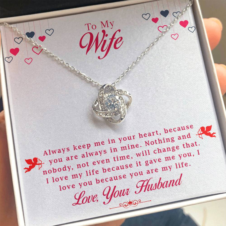 To My Wife Always Keep in Heart Always in Mine You Are My Life 14K Gold Love Knot Necklace Jewelry Romantic Gift for Wife Anniversary