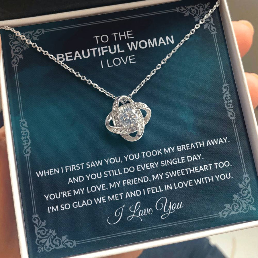 To The Beautiful Woman I Love Took My Breath Away 14K Gold Love Knot Necklace Jewelry Romantic Gift for Wife Anniversary