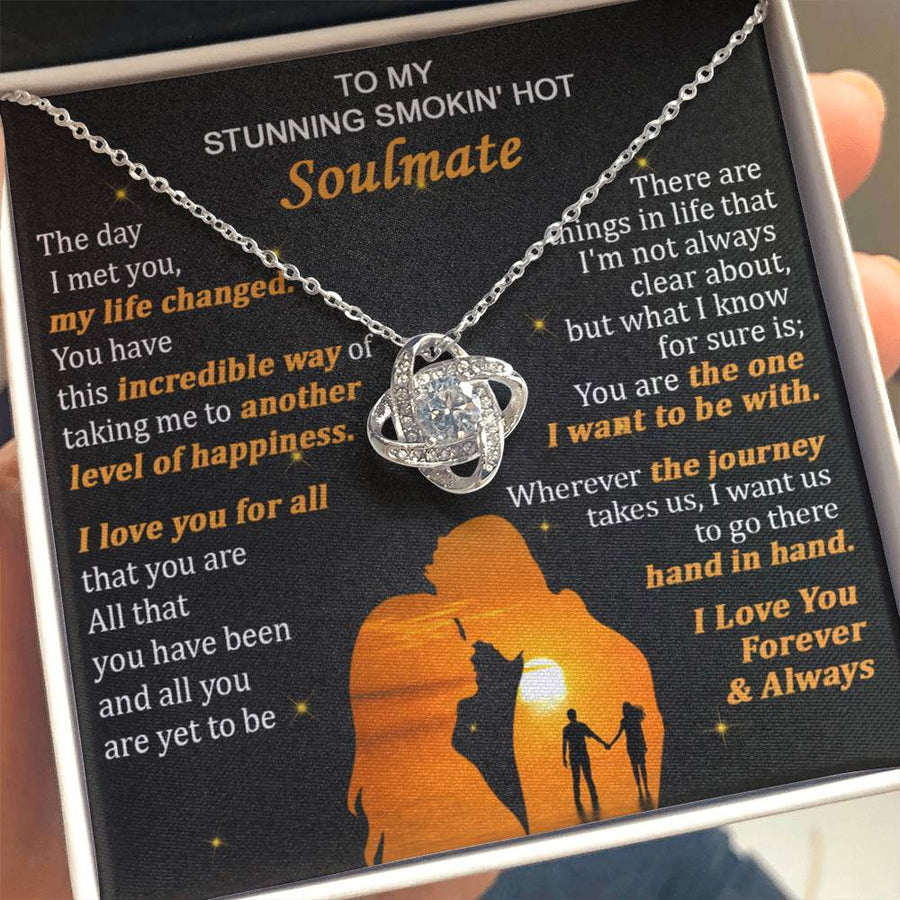To My Stunning Smokin Hot Soulmate Journey Hand Hand 14K Gold Love Knot Necklace Jewelry Beautiful Gift for Wife Anniversary