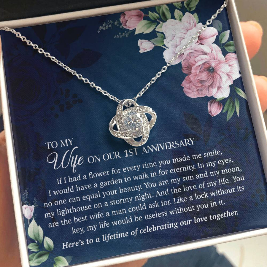 To My Wife 1st Anniversary Flower Garden Walk Eternity 14K Gold Love Knot Necklace Jewelry Beautiful Gift for Wife Anniversary