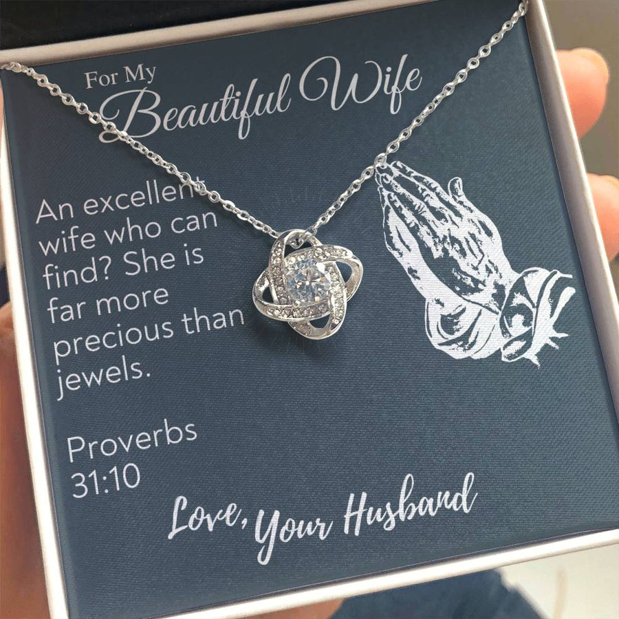 For My Beautiful Wife Excellent Wife More Precious Than Jewels Proverbs 31:10 14K Gold Love Knot Necklace Jewelry Perfect Gift for Wife Anniversary